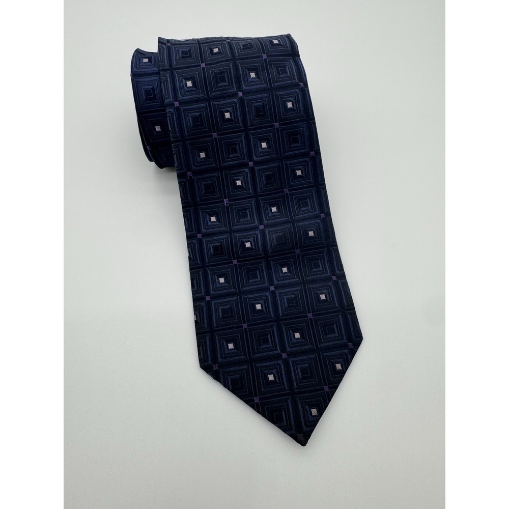 Michael Kors Tie Blue Geometric Square Pattern Silk Blend Classic Mens Necktie